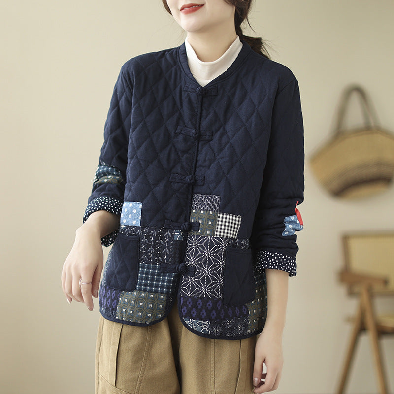 Vintage Patch Cardigan Loose Casual Buckle Rhombus Cotton-Padded Jacket