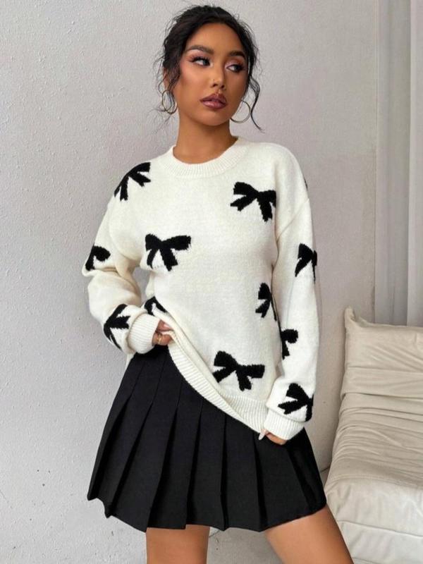 【Plus Size】 Bow Print Drop Shoulder Sweater, Casual Long Sleeve round Neck Jumper for Fall & Winter, Women'S Clothing for Daily Wear