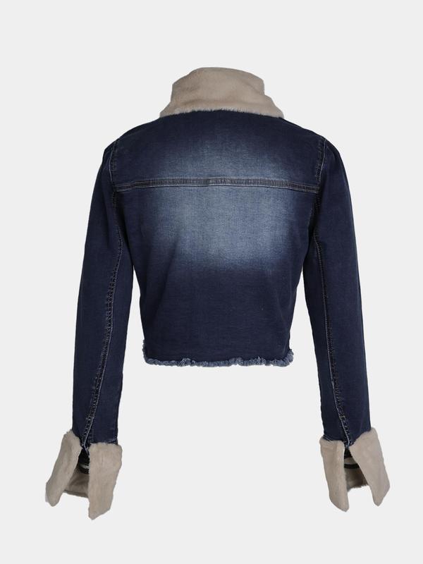 Women'S Plain Button Front Raw Hem Crop Denim Jacket, Casual Split Sleeve Removable Collared Fuzzy Trim Outerwear for Fall & Winter, Ladies Clothes for Daily Wear
