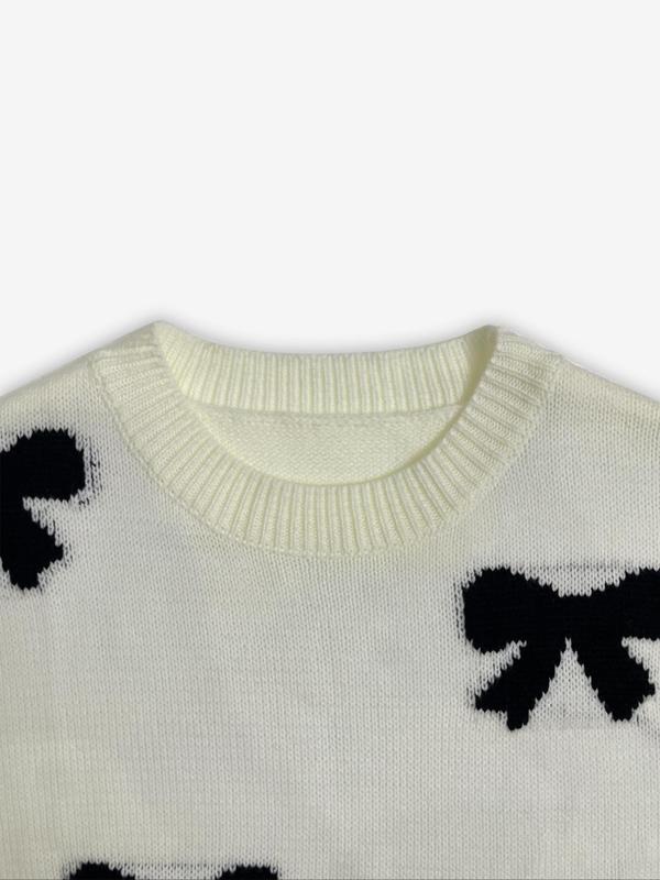 【Plus Size】 Bow Print Drop Shoulder Sweater, Casual Long Sleeve round Neck Jumper for Fall & Winter, Women'S Clothing for Daily Wear