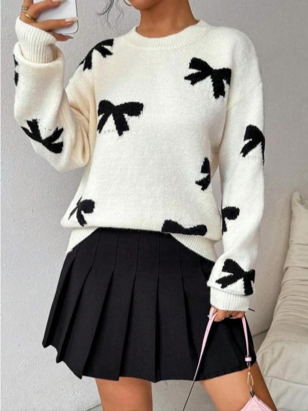 【Plus Size】 Bow Print Drop Shoulder Sweater, Casual Long Sleeve round Neck Jumper for Fall & Winter, Women'S Clothing for Daily Wear
