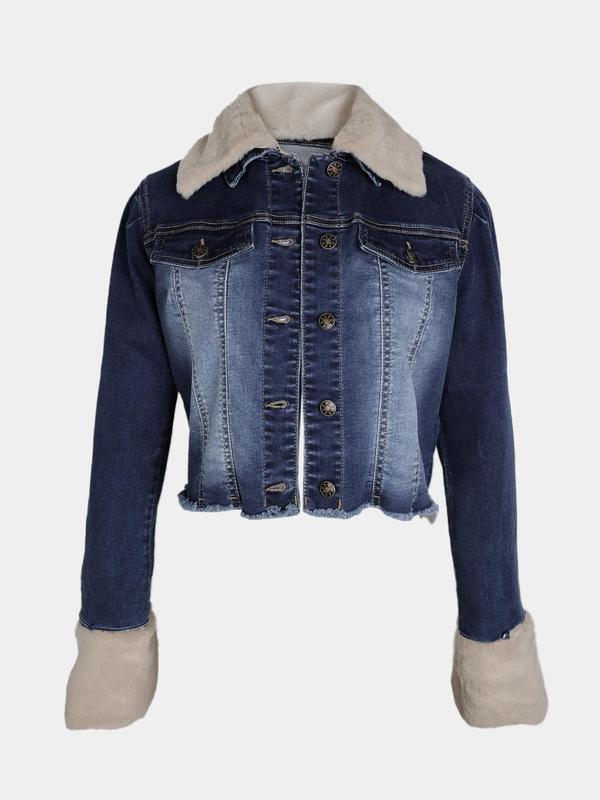 Women'S Plain Button Front Raw Hem Crop Denim Jacket, Casual Split Sleeve Removable Collared Fuzzy Trim Outerwear for Fall & Winter, Ladies Clothes for Daily Wear