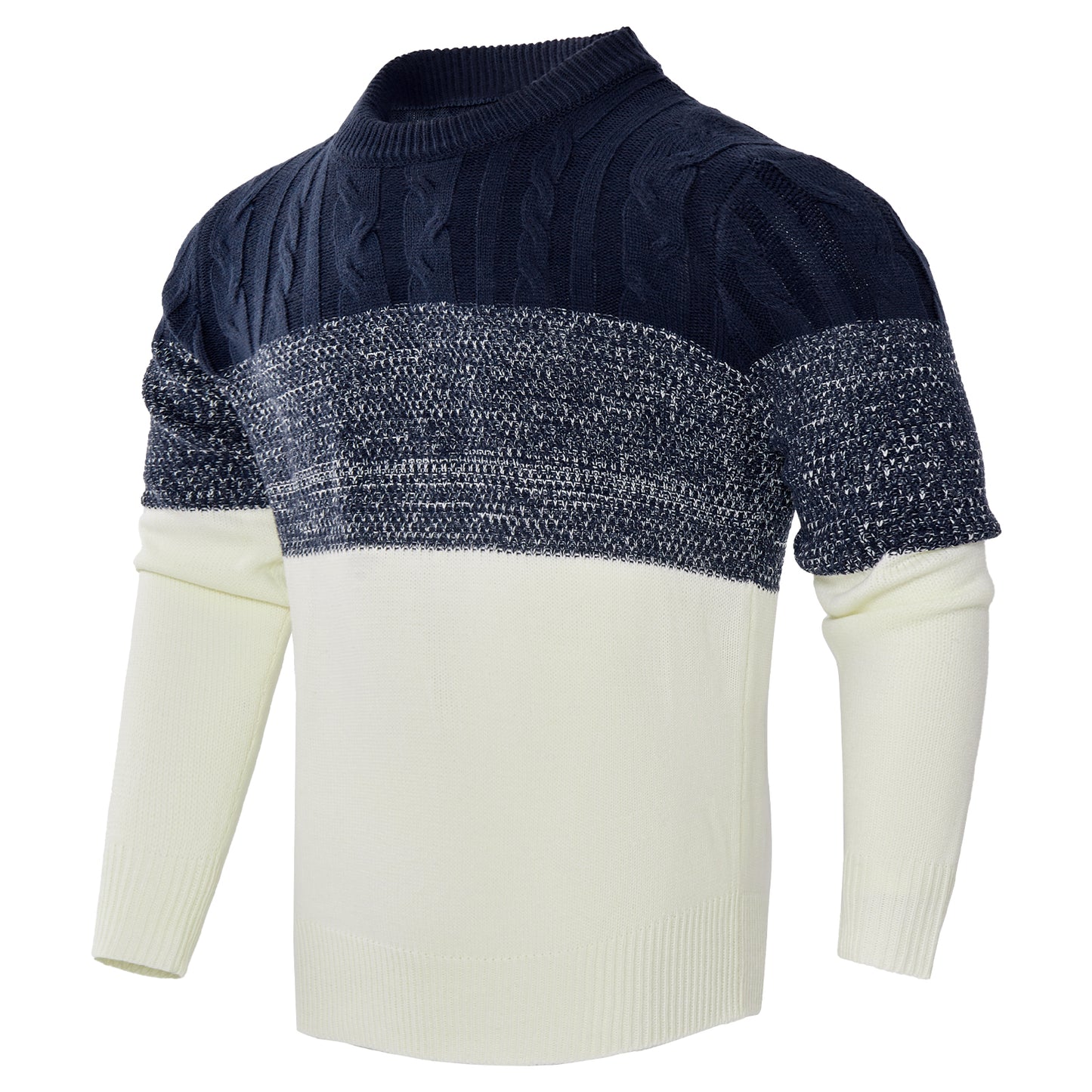 Men'S Casual Color Block Long Sleeve Cable Knit Pullover Sweater