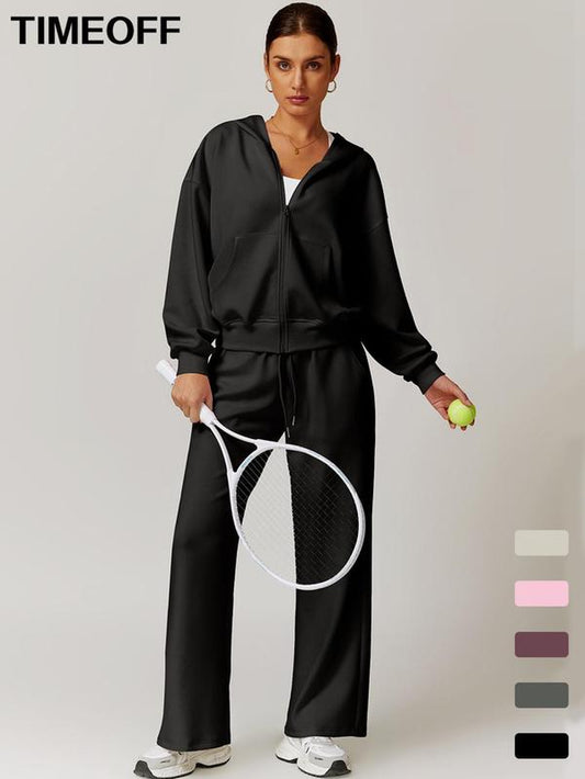 Two-Piece Set Women'S Solid Drop Shoulder Zip up Hoodie & Drawstring Waist Pants Tracksuit Set, Sporty Pocket Hooded Sweatshirt & Pocket Trousers Two-Piece Outfits for Yoga Gym Workout Running, Ladies Fall & Winter Sportswear