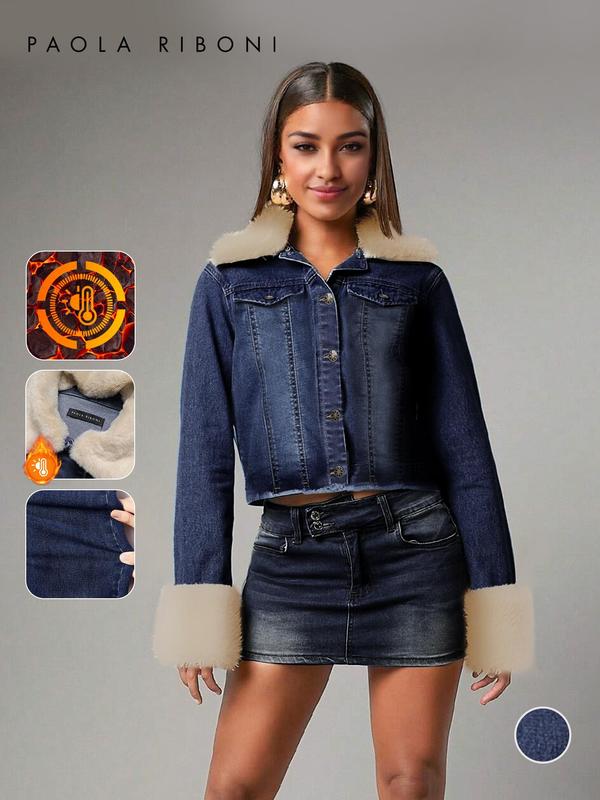 Women'S Plain Button Front Raw Hem Crop Denim Jacket, Casual Split Sleeve Removable Collared Fuzzy Trim Outerwear for Fall & Winter, Ladies Clothes for Daily Wear