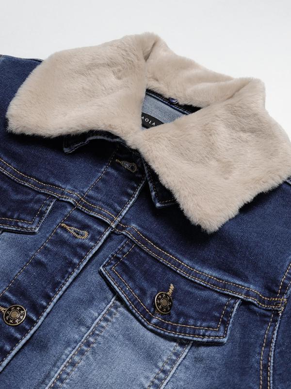 Women'S Plain Button Front Raw Hem Crop Denim Jacket, Casual Split Sleeve Removable Collared Fuzzy Trim Outerwear for Fall & Winter, Ladies Clothes for Daily Wear