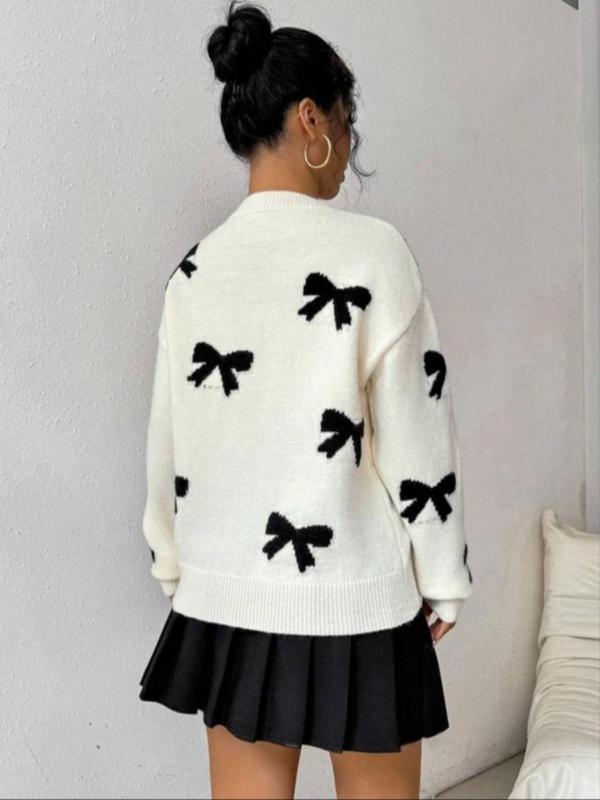 【Plus Size】 Bow Print Drop Shoulder Sweater, Casual Long Sleeve round Neck Jumper for Fall & Winter, Women'S Clothing for Daily Wear