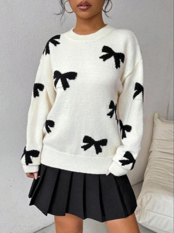 【Plus Size】 Bow Print Drop Shoulder Sweater, Casual Long Sleeve round Neck Jumper for Fall & Winter, Women'S Clothing for Daily Wear