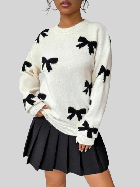 【Plus Size】 Bow Print Drop Shoulder Sweater, Casual Long Sleeve round Neck Jumper for Fall & Winter, Women'S Clothing for Daily Wear