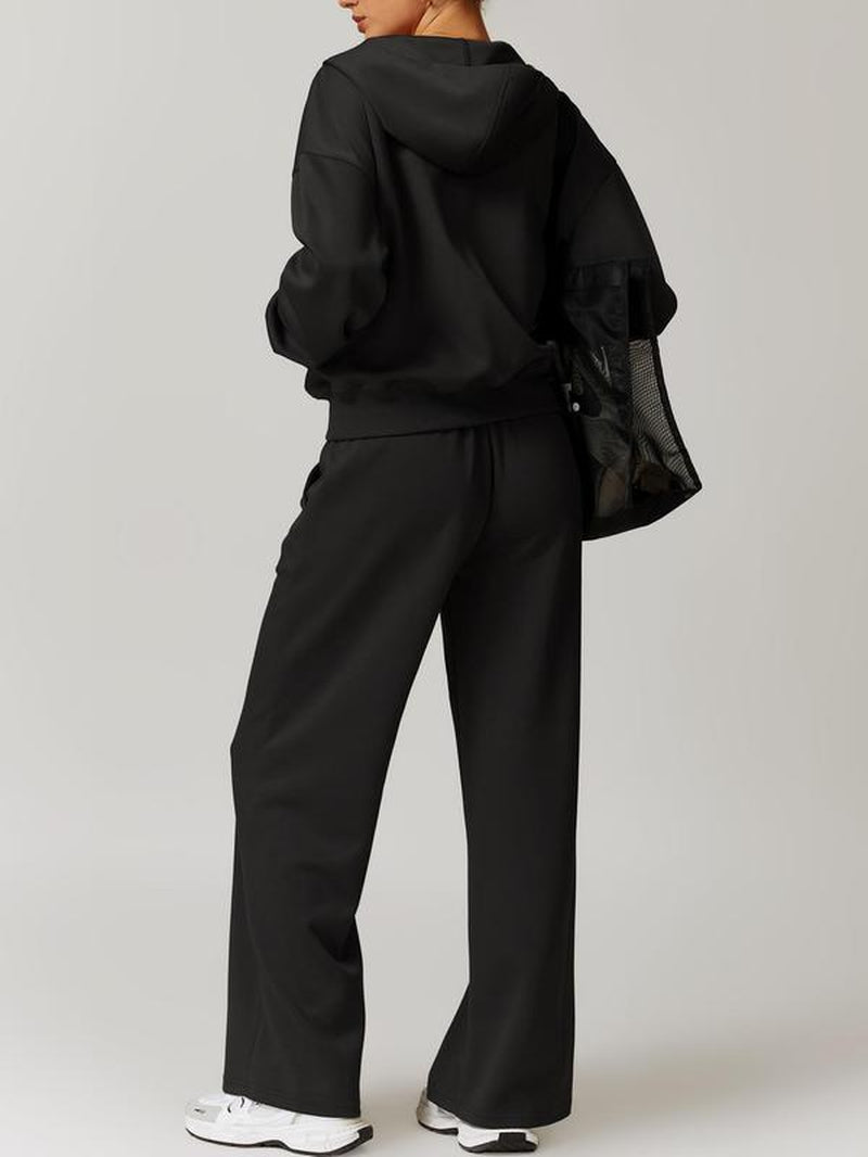 Two-Piece Set Women'S Solid Drop Shoulder Zip up Hoodie & Drawstring Waist Pants Tracksuit Set, Sporty Pocket Hooded Sweatshirt & Pocket Trousers Two-Piece Outfits for Yoga Gym Workout Running, Ladies Fall & Winter Sportswear