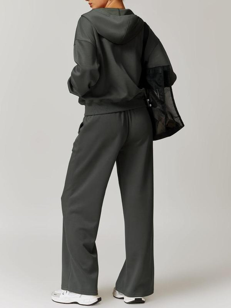 Two-Piece Set Women'S Solid Drop Shoulder Zip up Hoodie & Drawstring Waist Pants Tracksuit Set, Sporty Pocket Hooded Sweatshirt & Pocket Trousers Two-Piece Outfits for Yoga Gym Workout Running, Ladies Fall & Winter Sportswear
