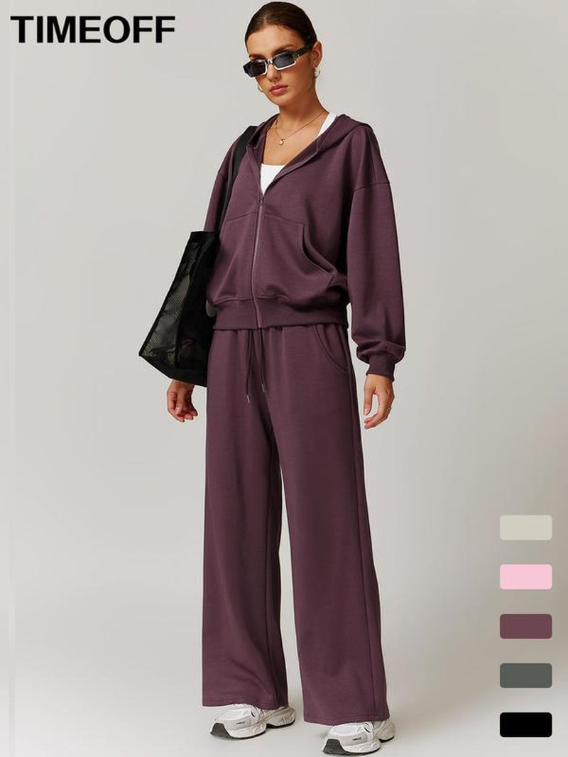 Two-Piece Set Women'S Solid Drop Shoulder Zip up Hoodie & Drawstring Waist Pants Tracksuit Set, Sporty Pocket Hooded Sweatshirt & Pocket Trousers Two-Piece Outfits for Yoga Gym Workout Running, Ladies Fall & Winter Sportswear
