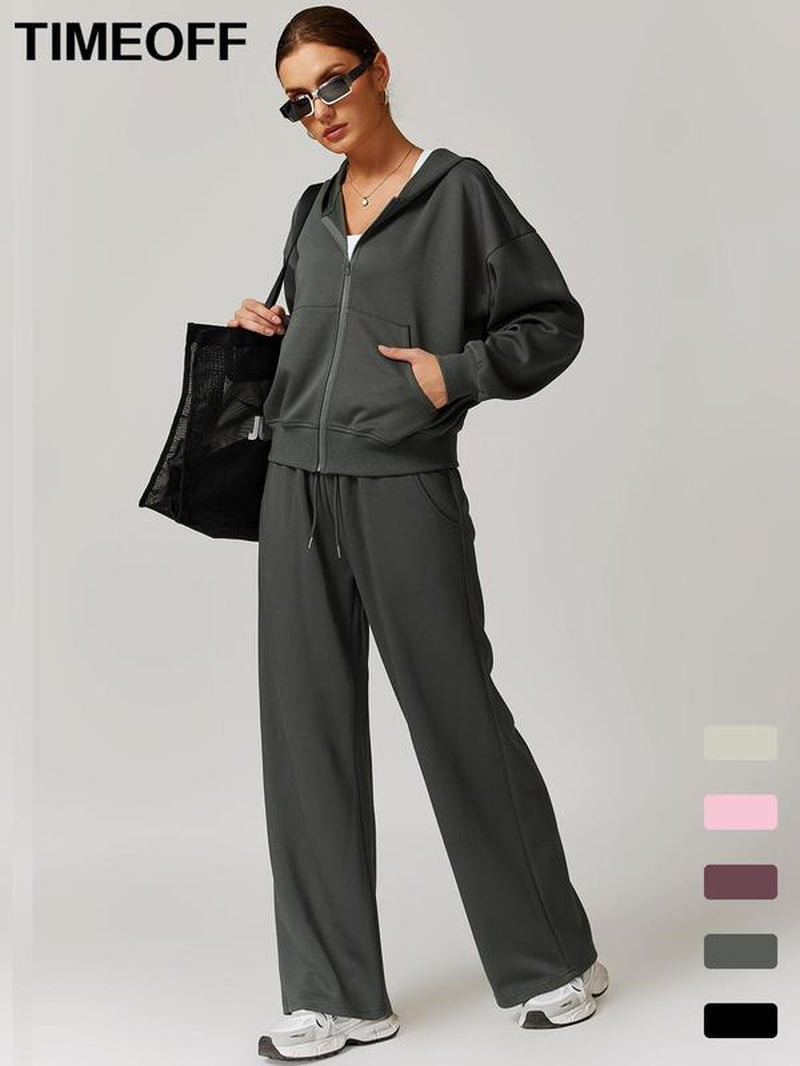 Two-Piece Set Women'S Solid Drop Shoulder Zip up Hoodie & Drawstring Waist Pants Tracksuit Set, Sporty Pocket Hooded Sweatshirt & Pocket Trousers Two-Piece Outfits for Yoga Gym Workout Running, Ladies Fall & Winter Sportswear
