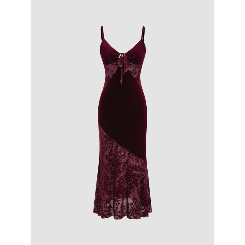Cider [Size 0-22] Velvet V-Neck Floral Cut Out Knotted Midi Dress