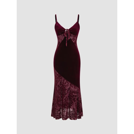 Cider [Size 0-22] Velvet V-Neck Floral Cut Out Knotted Midi Dress