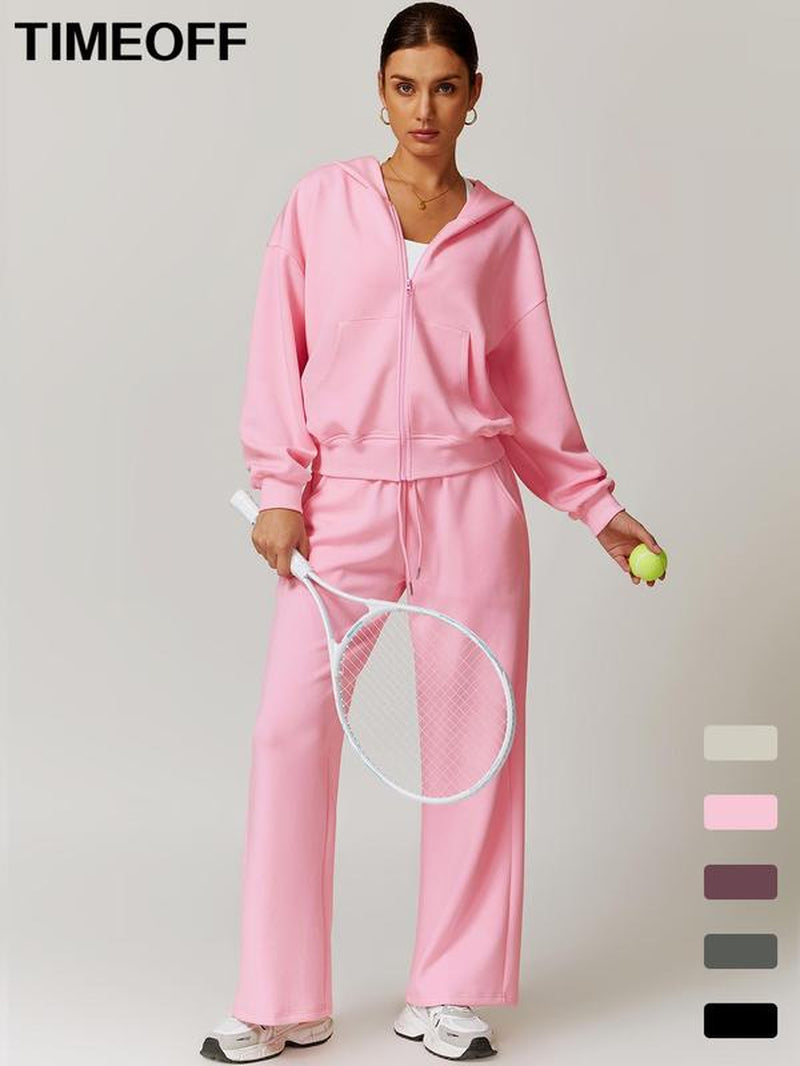 Two-Piece Set Women'S Solid Drop Shoulder Zip up Hoodie & Drawstring Waist Pants Tracksuit Set, Sporty Pocket Hooded Sweatshirt & Pocket Trousers Two-Piece Outfits for Yoga Gym Workout Running, Ladies Fall & Winter Sportswear