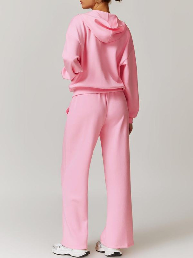 Two-Piece Set Women'S Solid Drop Shoulder Zip up Hoodie & Drawstring Waist Pants Tracksuit Set, Sporty Pocket Hooded Sweatshirt & Pocket Trousers Two-Piece Outfits for Yoga Gym Workout Running, Ladies Fall & Winter Sportswear