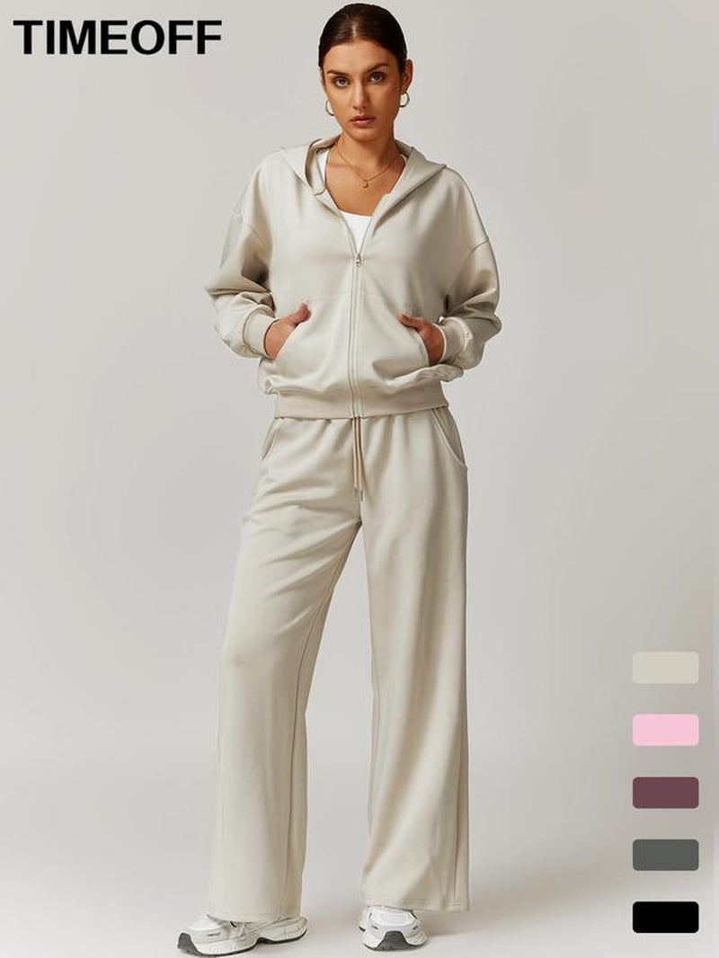 Two-Piece Set Women'S Solid Drop Shoulder Zip up Hoodie & Drawstring Waist Pants Tracksuit Set, Sporty Pocket Hooded Sweatshirt & Pocket Trousers Two-Piece Outfits for Yoga Gym Workout Running, Ladies Fall & Winter Sportswear